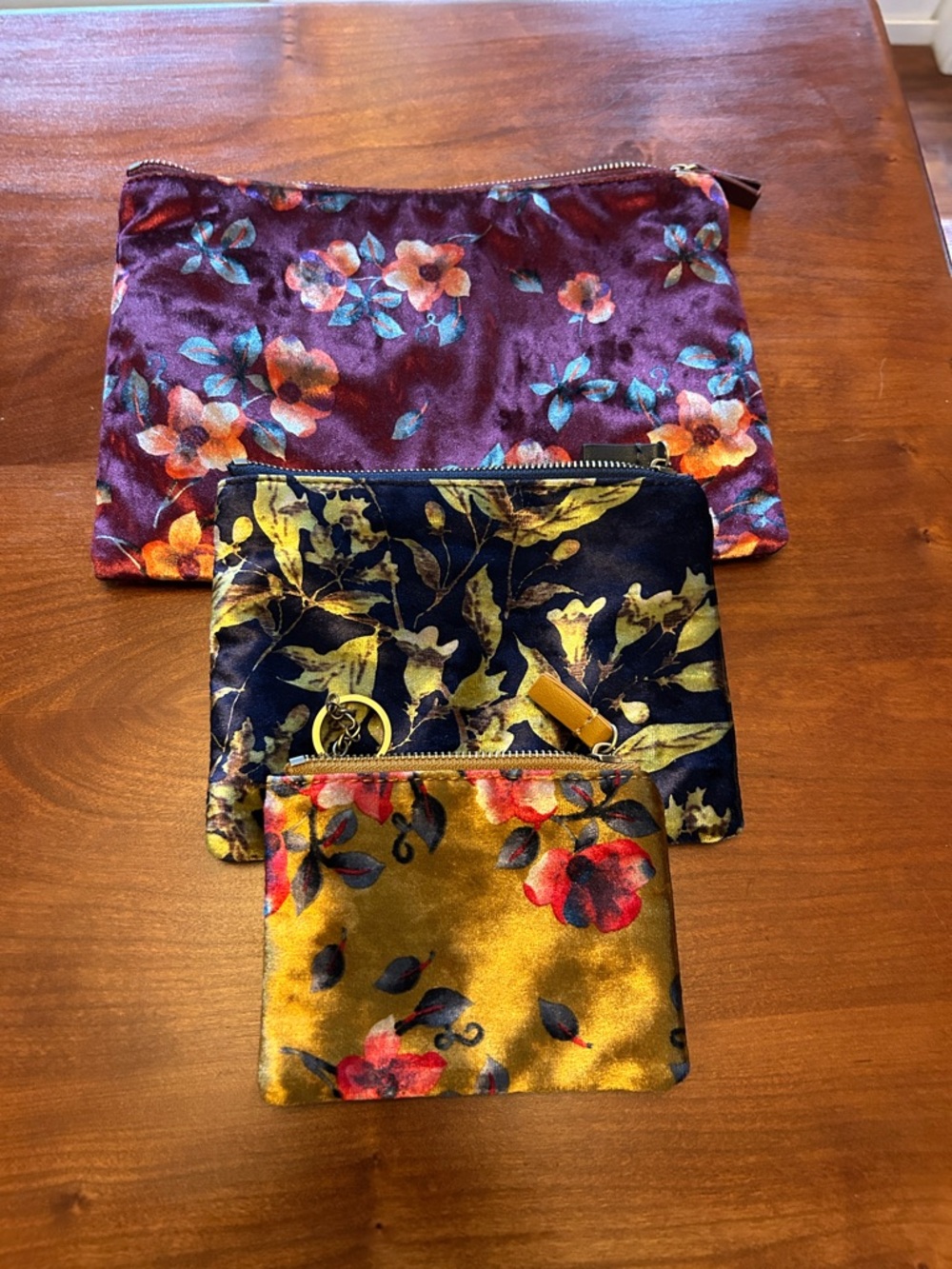 Velvet Floral Zip Pouch Set - Plum, Navy & Gold